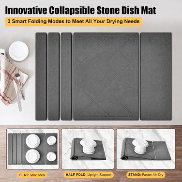 Килимок сушильний для посуду KitchenRaku з діатоміту, швидковисихаючий, 40x60 см, темно-сірий, ромбовидний візерунок