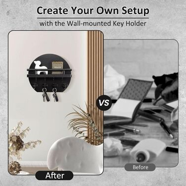 Настінна вішалка для ключів Nekon з полицею та 8 гачками, 24.8 см, чорний колір