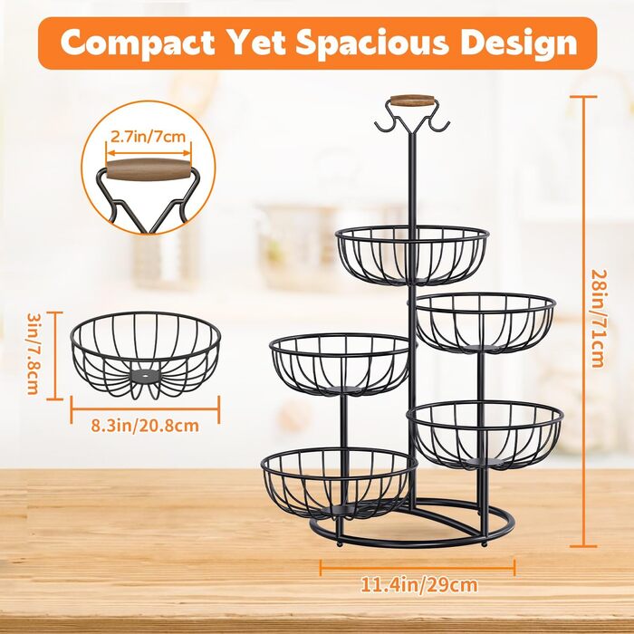 Багатоярусна підставка для фруктів PouHenier.jh – 5 ярусів, чорний колір, з тримачем для бананів. Металева підставка для фруктів та овочів, органайзер для кухні