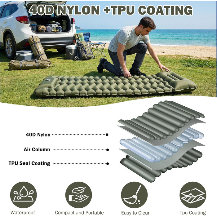 Надувний матрац Isomatte 12 см з насосом та подушкою, армійсько-зелений, для кемпінгу, туризму, пляжу