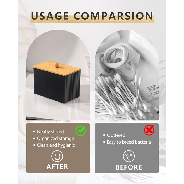 Диспенсер для ватних дисків та паличок з бамбуковим кришкою, органайзер для ватних виробів, чорний, для ванної кімнати