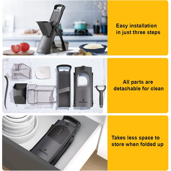 Мандоліна-слайсер ONCE FOR ALL Upgrade: безпечний, великий, з регулюванням, для овочів та продуктів, для картопляного фрі, знімні леза (чорно-сірий + ніж для взуття)