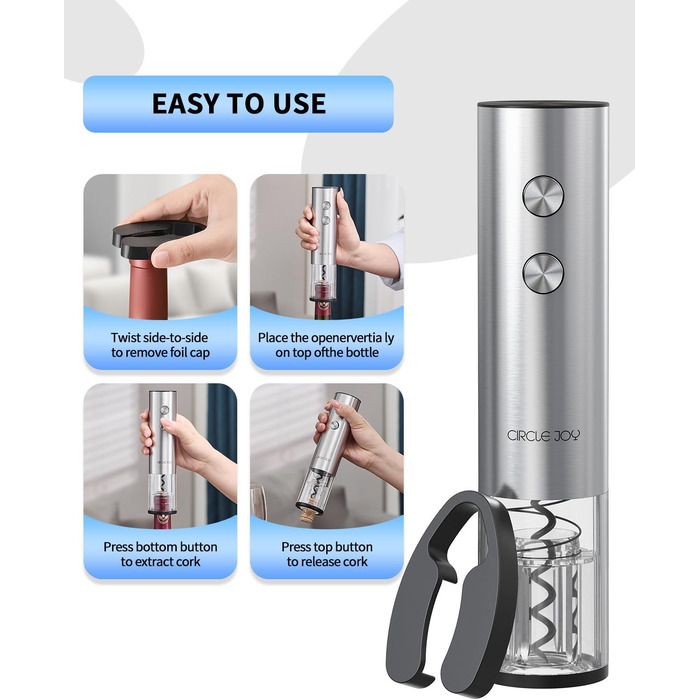 Електричний відкривачка вин CIRCLE JOY 6-в-1 з зарядною станцією, набір з нержавіючої сталі, з різаком фольги, аератором та 2 вакуумними закривачами