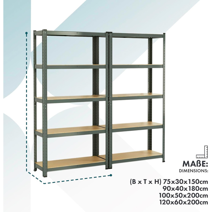OfficeMarshal Heavy-Duty Shelving Unit - Lakota (200 x 100 x 50 cm, Grey)
