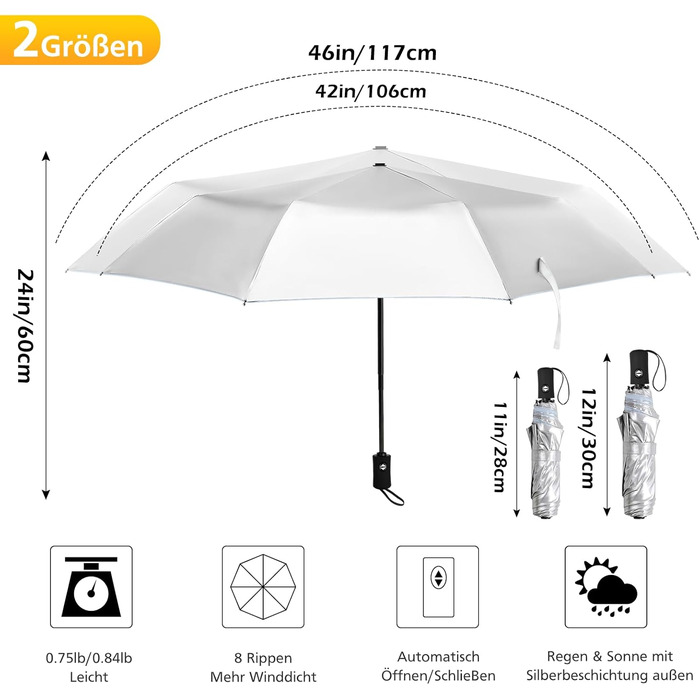 Зонт від сонця та дощу, 42/46 дюймів, штормостійкий, з 8 ребрами, для чоловіків та жінок (срібний/блакитний)