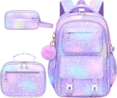 Шкільний рюкзак для дівчинки-підлітка 3 в 1, 2025, з ланч-боксом та пеналом, для ноутбука 15.6', гімназія, старша школа, подорожі - фіолетовий