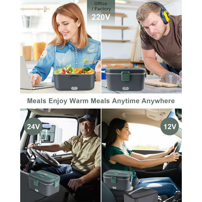 AUTOPkio Electric Lunch Box 1.8L 80W, 12V/24V/220V Large Heated Food Warmer with Bag, Stainless Steel Fork & Spoon for Car, Truck, Office
