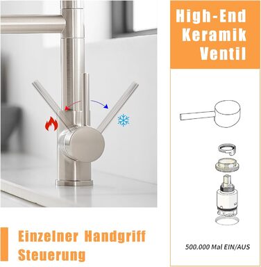 LED кухонний змішувач з спіральною пружиною, поворотний на 360°, з двома виливами, висувний, для кухні, з високим тиском, з нержавіючої сталі, LED, матове нікелювання