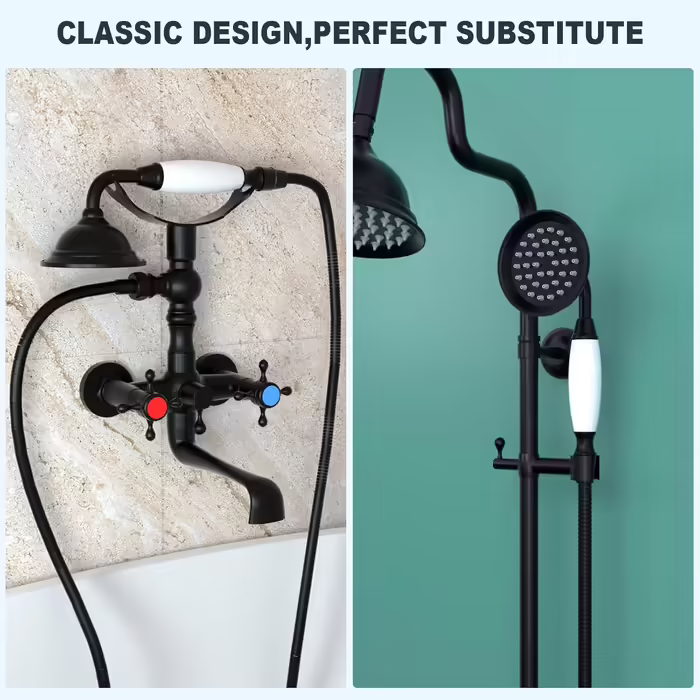 ENGA Vintage Handheld Showerhead Rain Shower Telephone Shape Brass Ceramic Shower Head with 59 Inch Hose for Bathroom (Retro) (Black)
