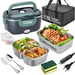 Electric Lunch Box 100W, 3-in-1 Portable Heated Lunch Box, 1.5L Stainless Steel Removable Food Container, 12V/24V/220V Insulated Food Warmer Box for Car/Truck/Office (Blue & Green, 1.5 L)