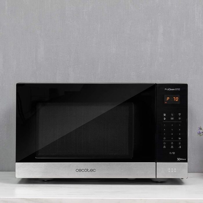 Мікрохвильова піч Cecotec Pro Clean 6110: 23 л, 800 Вт, гриль 1000 Вт, покриття Ready 2 Clean, LED, нержавіюча сталь, чорно-срібний колір