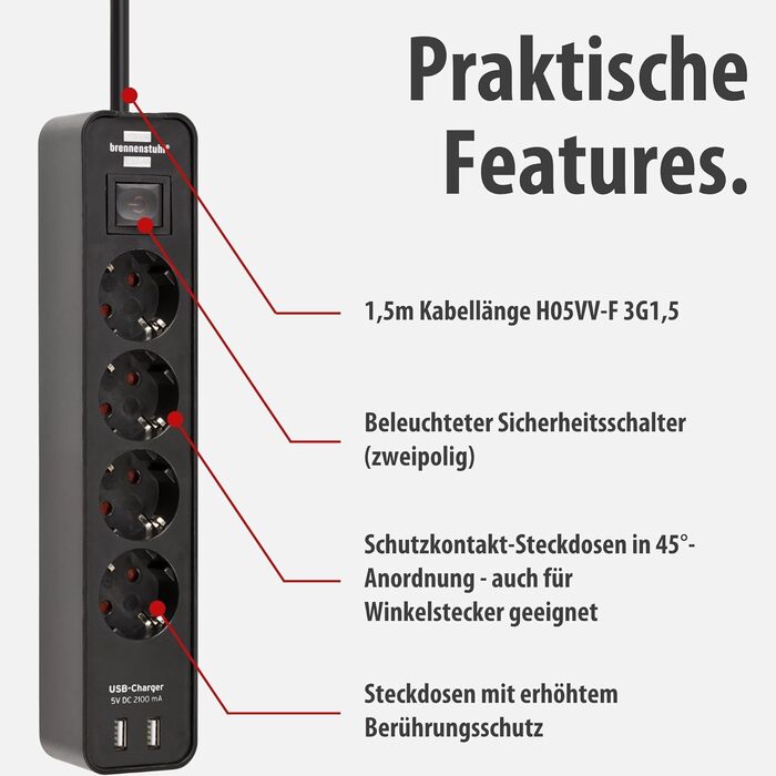 Брененштуль Ecolor Розподільник розеток на 4 розетки з USB-зарядкою (чорний) з вимикачем та кабелем 1.5м