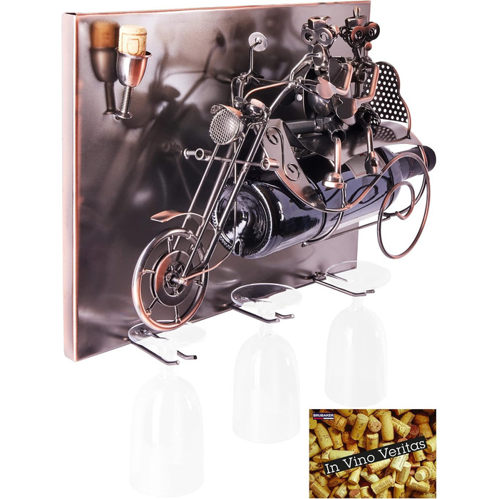 BRUBAKER Motorcycle Wine Bottle Holder Set - Wall Art Picture Metal - with 3 Glass Holders - including Greeting Card for Wine Gift