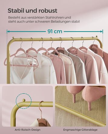 SONGMICS Clothes Rack, Rolling Garment Rack, Metal Clothes Stand, Rolling Wardrobe 91 cm wide, with Shelf, 2 Wheels with Brake, Rod Loadable up to 40 kg, Gold HSR025A01