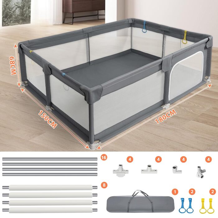 Манеж для дітей IBVIVIC 150x180 см, дитяча огорожа з дихаючої тканини Oxford 300D, протиковзка основа, темно-сірий, для малюків та немовлят