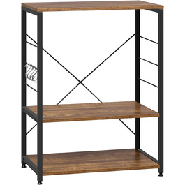 Kitchen Shelf, Microwave Shelf with 4 Hooks, Baking Shelf with 3 Tiers, Storage Shelf for Kitchen, Cafe, Living Room, Bathroom, 60 x 82 x 40 cm, Vintage Wood Look + Black