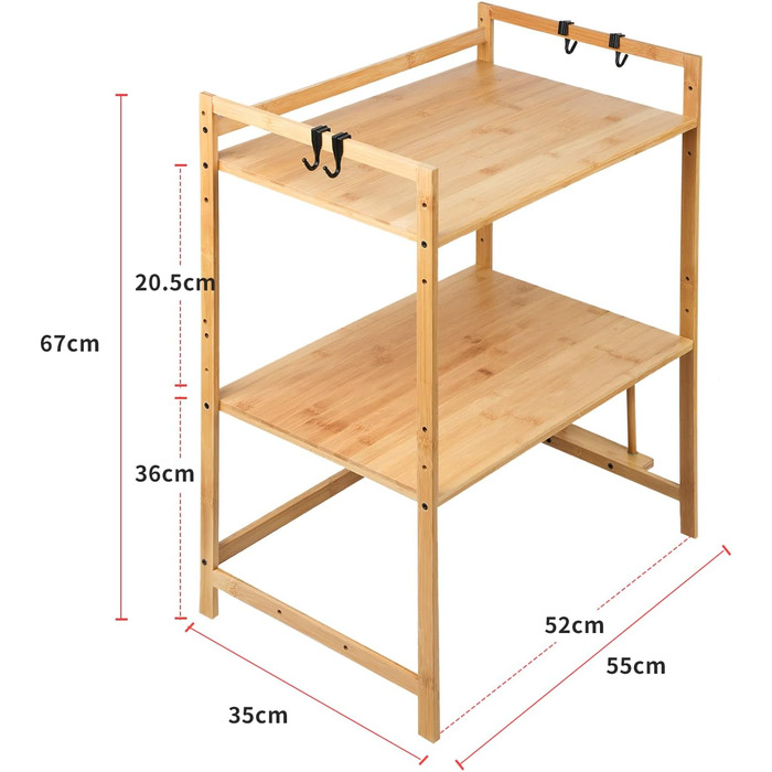 Поличкова система для мікрохвильової печі 3 яруси, органайзер з гачками, розширювана, висувна, 40-64см, з вуглецевої сталі (3 яруси, бамбук, 55x35x67см)
