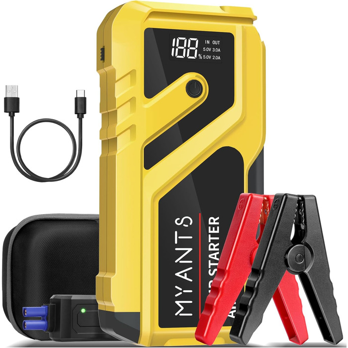 Powerbank з компресором та пусковим пристроєм 12V для автомобіля, LED-ліхтар, швидка зарядка, для двигунів до 10.0L бензину та 8.0L дизеля (Жовтий)