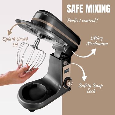 Кухонна машина Bestron Super Silent (65db) з DC-двигуном, 6 літрів, з набором насадок (міксер, гак для тіста, вінчик), 6 швидкостей + Pulse, колір: бежевий