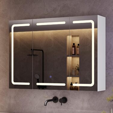 Дзеркало шафа для ванної кімнати з LED-підсвіткою, розеткою та 3 колірними температурами, 60x90x16 см, диммер, сенсорне управління, 3 регульовані полиці, білий колір