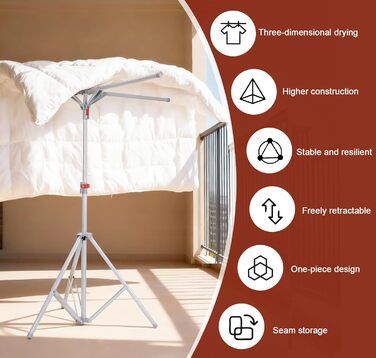 Розкладна сушилка для білизни Standtrockner з 4 крилами, 10 гачків та кліпсою для шкарпеток. Регульована висота, для дому, балкону, кемпінгу (сірий)