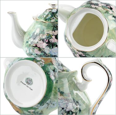 Порцелянова чайник з кістяної порцеляни 1 л Vintage Floral, біла троянда, для чаю та кави, подарунок для чайної вечірки