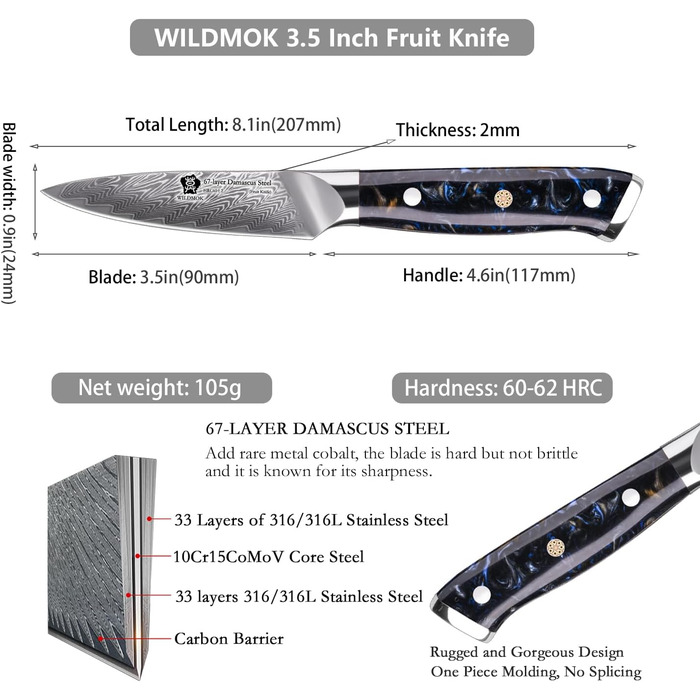Ніж кухарський WILDMOK, 8 см, японська сталь VG10, 67 шарів дамаської сталі, для нарізання та очищення фруктів, чорна ручка, подарункова коробка