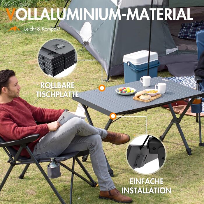 Складний кемпінговий стіл PORTAL алюмінієвий, регульована висота, 108x71 см, чорний - для пікніка, саду, подорожей