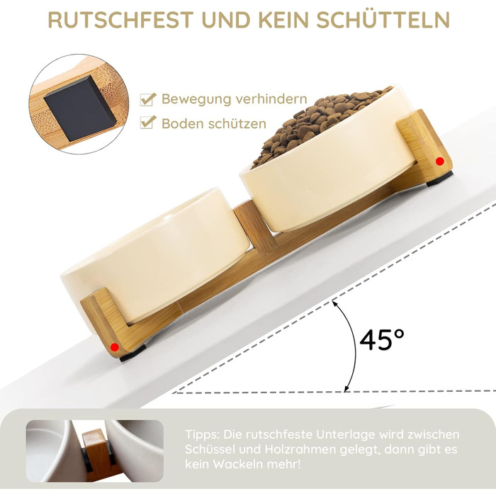 Набір мисок для котів та собак SPUNKYJUNKY з бамбукового підставки (400мл, Бежевий)