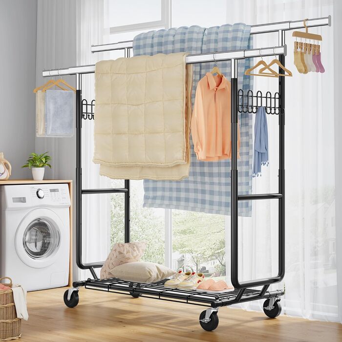 Стійка для одягу на колесах FAVOOOSTY, металева, мобільна, до 200 кг, чорна, 2 стяжки