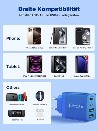 Багатопортовий зарядний пристрій Aioneus USB-C з 4 портами (USB-C та USB-A), 40W, PD 3.0, для iPhone, Samsung, білий (1 шт., колір: морська хвиля)