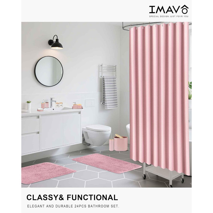 Набір для ванної кімнати IMAVO Pinkes, 26 предметів: аксесуари, душова завіса, килимки, відро, піднос, дозатор мила, мильниця, тримач для зубних щіток, стаканчик для щіток, рожевий