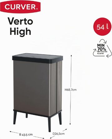 Сміттєвий відро Curver Verto High на 54 л з кришкою-пушем та ніжками, для кухні, сіре, 26,5 x 43,5 x 68,7 см