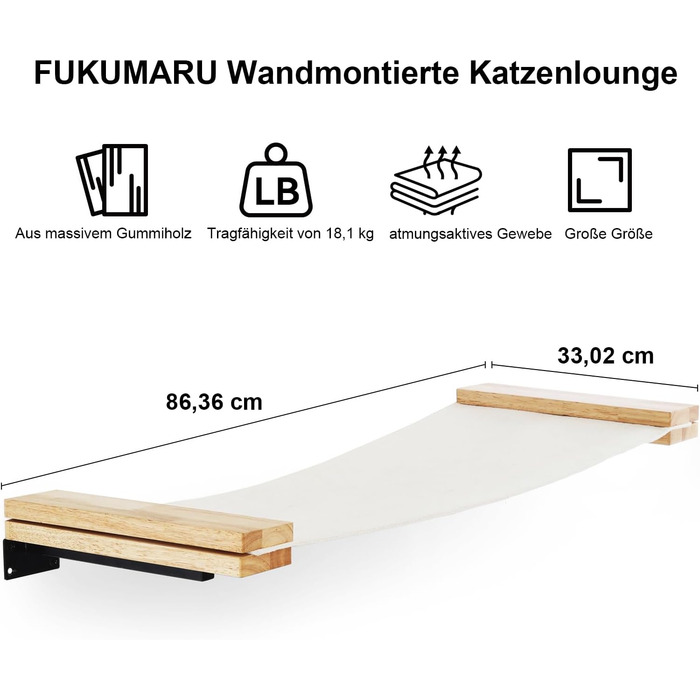 FUKUMARU Cat Wall Hammock, 91 x 33 cm Cat Bridge made of natural solid rubber wood, Wall Cat Bed for DIY Cat Highway and Cat Wall for Cats