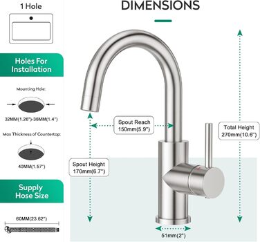 Кран кухонний CREA, 360° поворотний, нержавіюча сталь, для маленької кухні