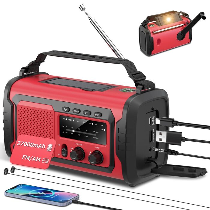 Радіо на сонячній батареї та ручному приводі 27000mAh з Bluetooth, FM/AM, SOS сигналом, динаміком та підключенням для навушників (Армійський зелений)