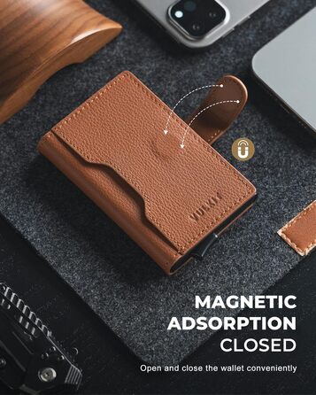 Чоловіче картхолдер VULKIT з RFID блокуванням, шкіряний, на 3 картки та віконце для ID, з магнітною застібкою, червоний (справжня шкіра Litchi)