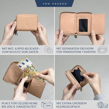 VON HEESEN Leather Wallet with RFID Blocker - Wallet for Women & Men made of Genuine Leather - Wallet with Coin Pocket - Purse for Women and Men in Rose