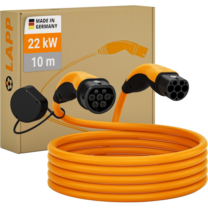 Кабель зарядного пристрою LAPP MOBILITY Typ 2, 22 кВт, 7м - для електромобілів, 32А, 3-фазний, IP55, Mode 3, з антикорозійними контактами, PHEV, BEV, EV, помаранчевий