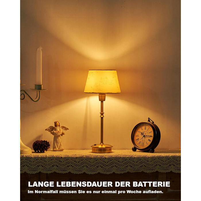 Настільна лампа OCEST на акумуляторі, сенсорне керування, регульована яскравість, для дому, кухні, тераси, їдальні (античне латунь-лінолеум), плафон з шовку 35,5 см