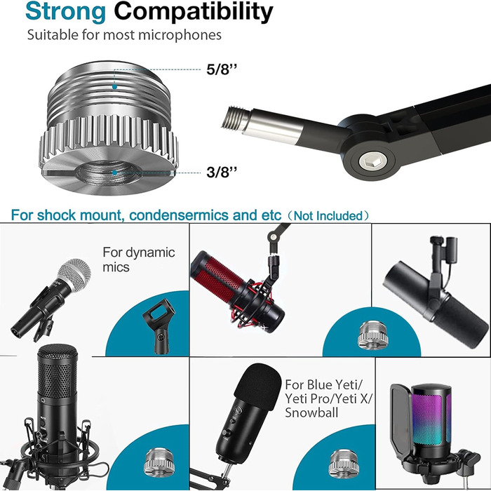 Кріплення для мікрофона на шарнірній стійці, регульоване, низькопрофільне для Blue Yeti, HyperX QuadCast, з адаптером 3/8' на 5/8'