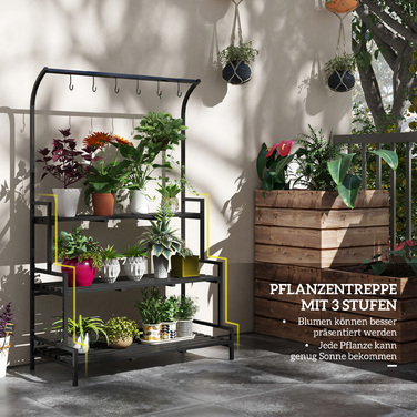 Outsunny 3-Tier Plant Stand Flower Stand with 6 Hooks, Black Steel Plant Ladder, 110x50x170cm for Garden and Balcony