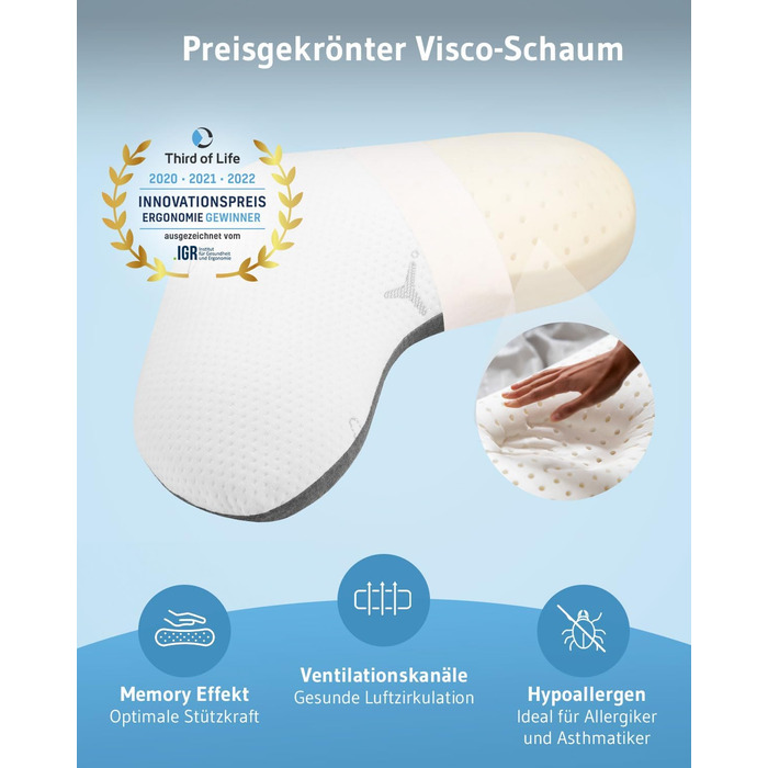 Third of Life Orthopedic Side Sleeper Pillow Twist with innovative Intense cover, Memory Foam Pillow against neck pain, Ergonomic pillow for side sleepers & allergy sufferers