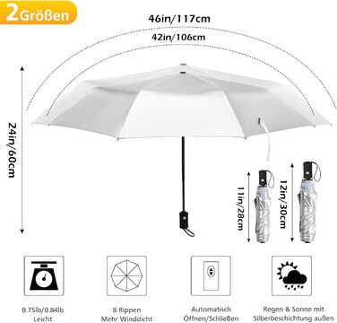 Зонт від сонця та дощу, 42/46 дюймів, штормостійкий, з 8 ребрами, для чоловіків та жінок (срібний/блакитний)