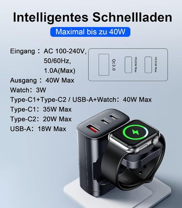 Зарядний пристрій 4-в-1 для Apple Watch та iPhone: 40W USB-C, швидка зарядка PD, сумісний з Apple Watch 10/9/8/7/6/Ultra/SE, iPhone 17/16/15 Pro Max, iPad, AirPods (білий)