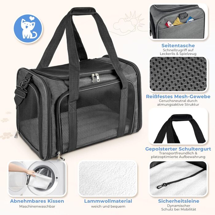 Транспортна сумка для кота/собаки, переноска для тварин, складана переноска, портативна, до 5 кг, для середніх собак та котів (M, L 43 x 28 x 28 см, темно-сірий)