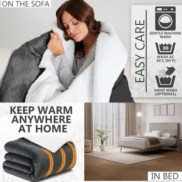 Електрична ковдра Kingsize Get Trend, м'яка Sherpa Fleecedecke, 230x265 см, 9 режимів нагріву, таймер 12 годин, тепла ковдра-подарунок (темно-сірий, розмір EU)