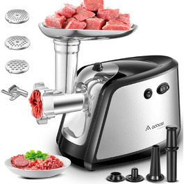 AAOBOSI #12 Heavy-Duty Electric Meat Grinder - 3000W, 2 Blades, 4 Plates, Sausage Maker Kit, Kibbeh Attachment, Burger Press