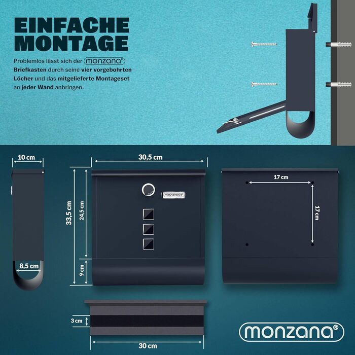 Поштовий ящик Monzana Kreuzschloss з мідним циліндром, сталевий, чорно-срібний (антрацит) 31x10x34 см, з вікном для газет та іменним шильдиком, 2 ключі