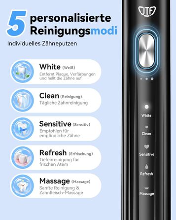 Електрична звукова зубна щітка JTF з УФ-дезінфекцією та сушінням, бездротова зарядка, 5 режимів чищення, 6 насадок, стаканчик для полоскання, акумуляторна для дому та подорожей (Чорна)